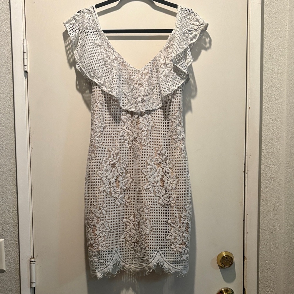 Wayf White Crochet Lace Mini Dress with Ruffle V-Neckline